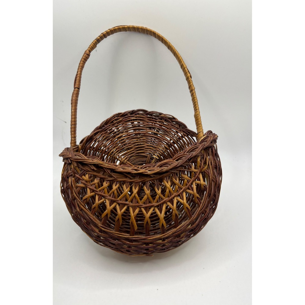 Wicker Basket Round Handle Vintage Brown Woven Decor‎ Storage